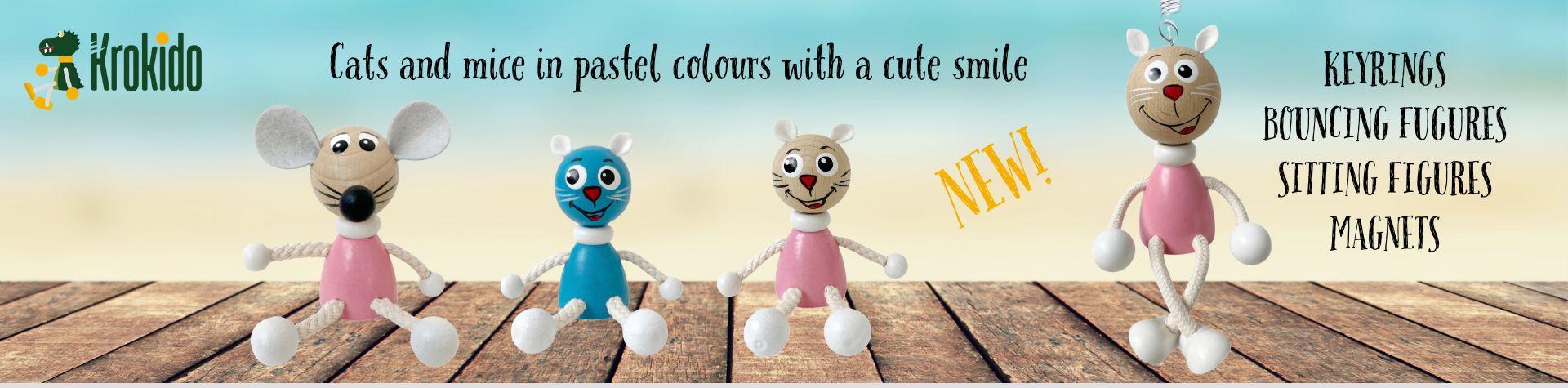 News from KROKIDO - keyrings, magnets and wooden figures in pastel colours - mouse, cat