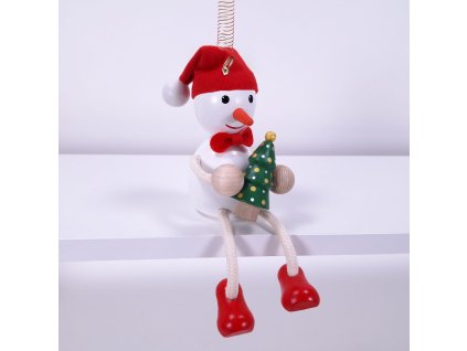 Snowman with hat and tree wooden figure on spring