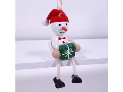 Snowman with hat and gift wooden figure with spring